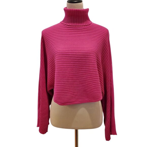 PINK ROSE SZ S Bright Pink Relaxed Oversized Ribbed Knit Cropped Turtleneck Swea - Picture 1 of 8